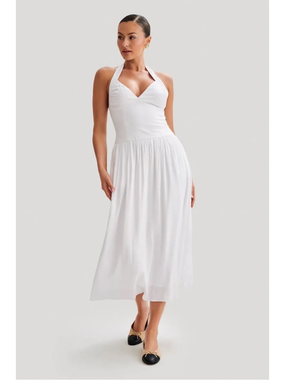 MESHKI HARRIETTE HALTER MIDI DRESS IN WHITE